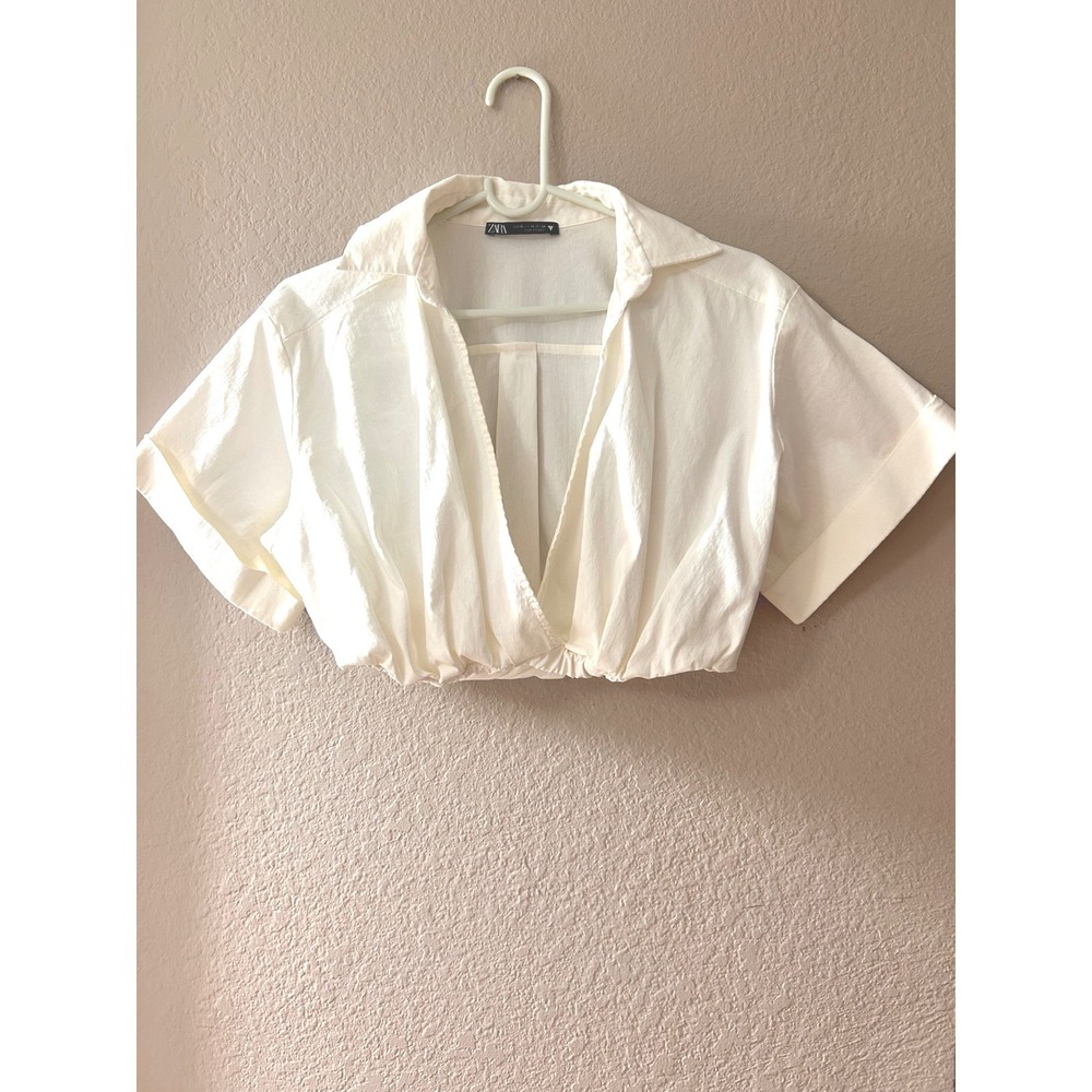 Zara Womens Off White Cotton Linen Blend Wrap Front V-Neck Crop Top XS